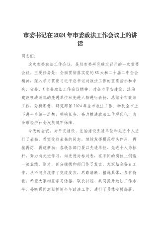 市委书记在2024年市委政法工作会议上的讲话