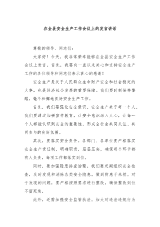 在全县安全生产工作会议上的发言讲话