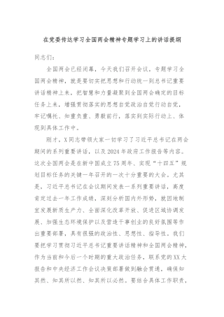 在党委传达学习全国两会精神专题学习上的讲话提纲