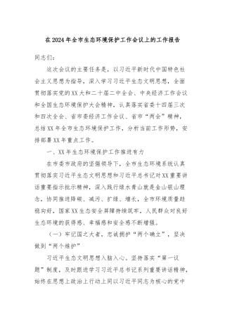 在2024年全市生态环境保护工作会议上的工作报告