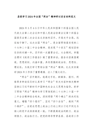 县级学习2024年全国“两会”精神研讨发言材料范文