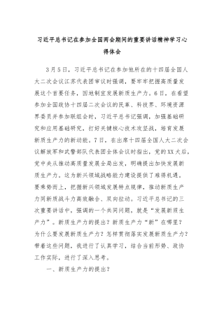 习近平总书记在参加全国两会期间的重要讲话精神学习心得体会