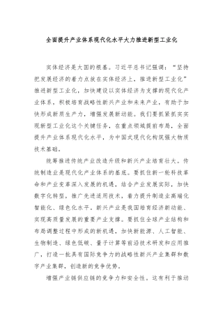 全面提升产业体系现代化水平大力推进新型工业化