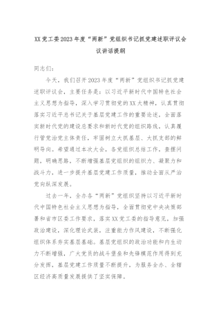 XX党工委2023年度“两新”党组织书记抓党建述职评议会议讲话提纲