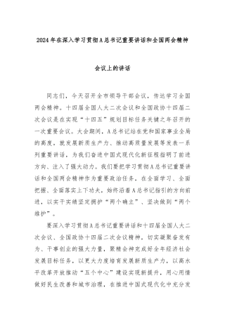 2024年在深入学习贯彻A总书记重要讲话和全国两会精神会议上的讲话