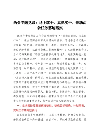 两会专题党课：马上就干、真抓实干，推动两会任务落地落实
