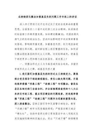 在持续深化整治加重基层负担问题工作专班上的讲话