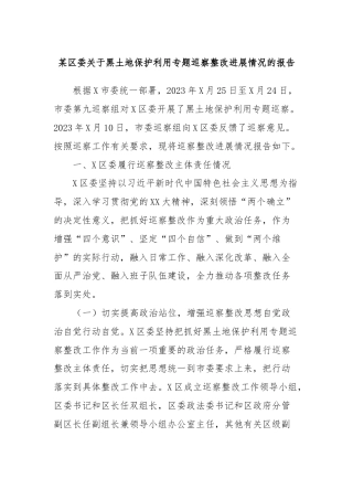 某区委关于黑土地保护利用专题巡察整改进展情况的报告