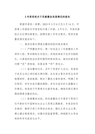 X市委党校关于巡察整改进展情况的报告