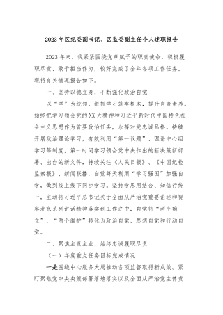 2023年区纪委副书记、区监委副主任个人述职报告