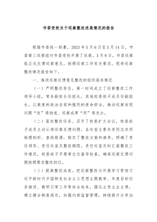 市委党校关于巡察整改进展情况的报告