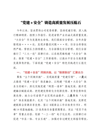 国有企业“党建+安全”工作经验汇报