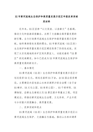 XX市黄河流域生态保护和高质量发展示范区申报改革突破奖材料