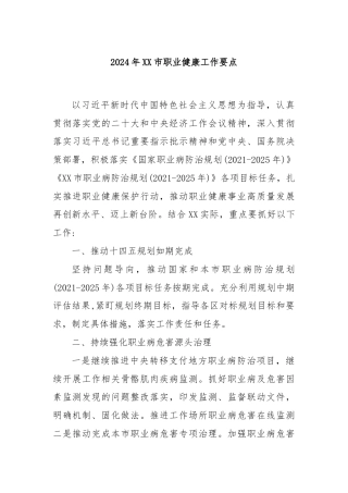 2024年XX市职业健康工作要点