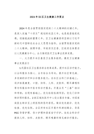 2024年XX区卫生健康工作要点