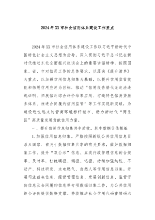2024年XX市社会信用体系建设工作要点