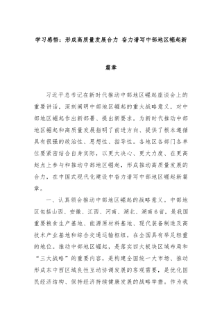 学习感悟：形成高质量发展合力 奋力谱写中部地区崛起新篇章