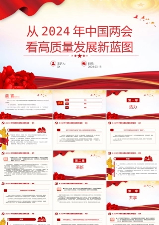 2024从中国两会看高质量发展新蓝图PPT创意华美两会专题微党课下载