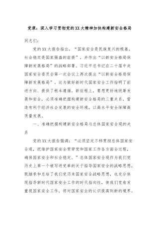 党课：深入学习贯彻党的XX大精神加快构建新安全格局