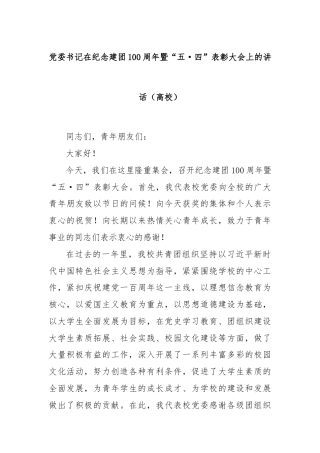 党委书记在纪念建团100周年暨“五·四”表彰大会上的讲话（高校）