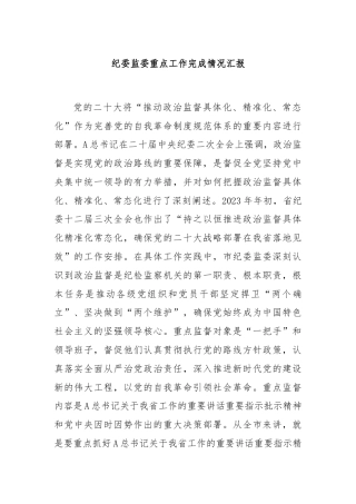 纪委监委重点工作完成情况汇报
