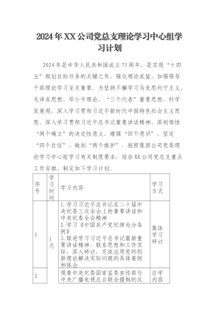 2024年XX公司党总支理论学习中心组学习计划
