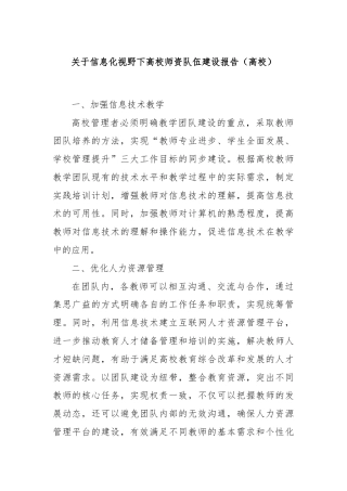 关于信息化视野下高校师资队伍建设报告（高校）