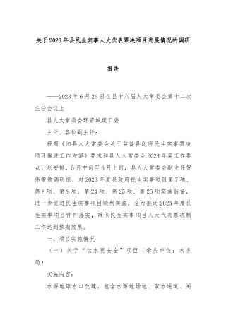 关于2023年县民生实事人大代表票决项目进展情况的调研报告