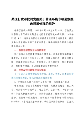 某区行政审批局党组关于营商环境专项巡察整改进展情况的报告