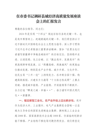 在市委书记调研县域经济高质量发展座谈会上的汇报发言