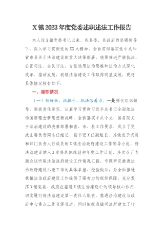 X镇2023年度党委述职述法工作报告