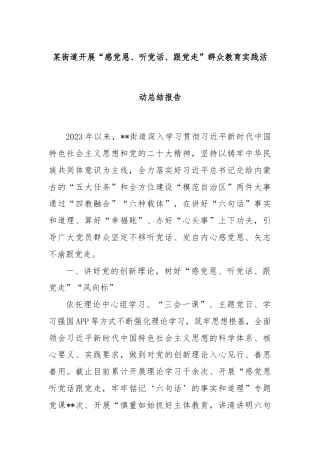 某街道开展“感党恩、听党话、跟党走”群众教育实践活动总结报告