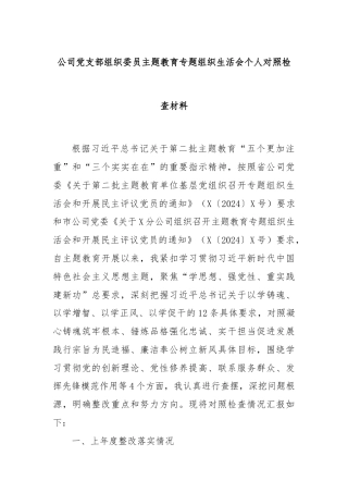 公司党支部组织委员主题教育专题组织生活会个人对照检查材料