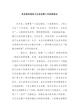 某县推进国家卫生县创建工作经验做法