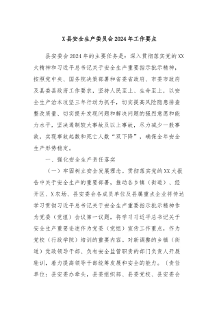 X县安全生产委员会2024年工作要点