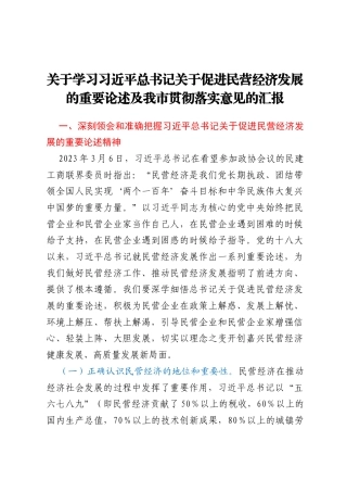 关于学习习近平总书记关于促进民营经济发展的重要论述及我市贯彻落实意见的汇报