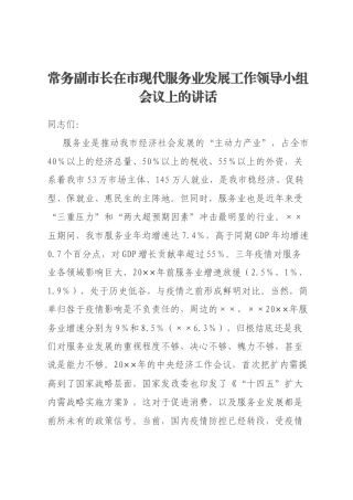 常务副市长在市现代服务业发展工作领导小组会议上的讲话