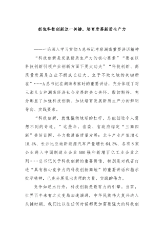 抓住科技创新这一关键，培育发展新质生产力