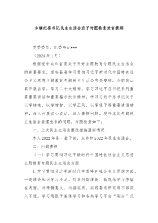 乡镇纪委书记民主生活会班子对照检查发言提纲