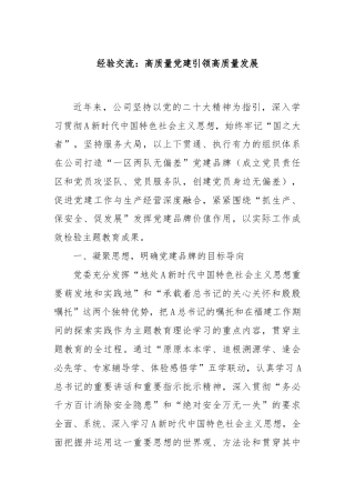 经验交流：高质量党建引领高质量发展