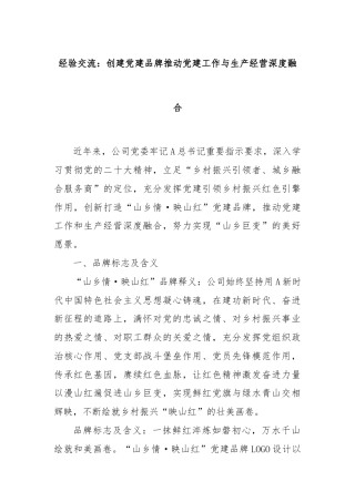 经验交流：创建党建品牌推动党建工作与生产经营深度融合