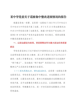 某中学党委关于巡察集中整改进展情况的报告