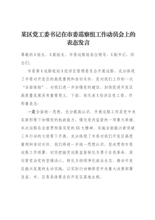 某区党工委书记在市委巡察组工作动员会上的表态发言