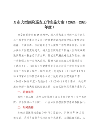 X市大型医院巡查工作实施方案（2024—2026年度）