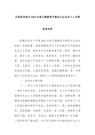 区委宣传部长2023年度主题教育专题民主生活会个人对照检查材料