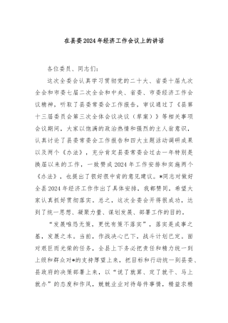 在县委2024年经济工作会议上的讲话