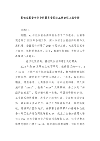 县长在县委全体会议暨县委经济工作会议上的讲话