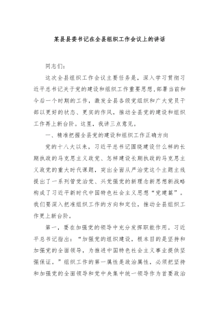 某县县委书记在全县组织工作会议上的讲话