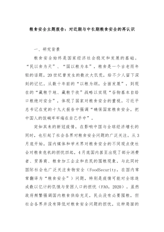 粮食安全主题报告：对近期与中长期粮食安全的再认识