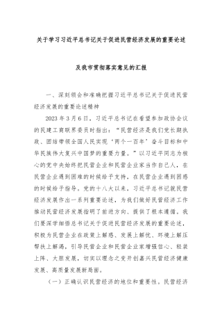 关于学习习近平总书记关于促进民营经济发展的重要论述及我市贯彻落实